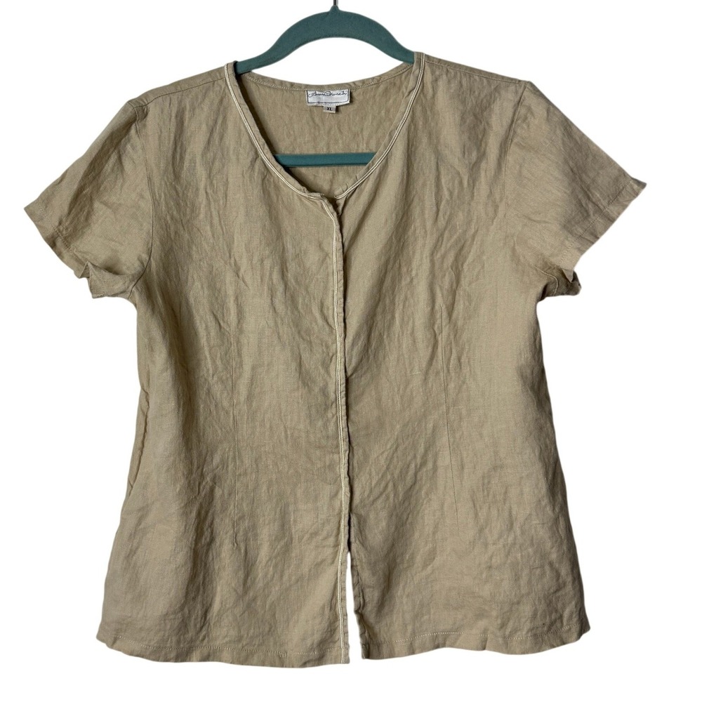 VTG Anne French Tan Short Sleeve Linen Blend Top Womens XL Side Zip Minimalist